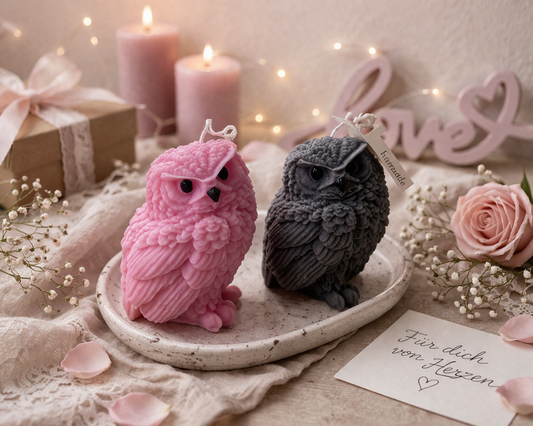 Romantische handgemachte Eulen-Kerzen in Rosa und Grau – dekoratives Geschenk für Hochzeit, Valentinstag oder liebevolle Anlässe
