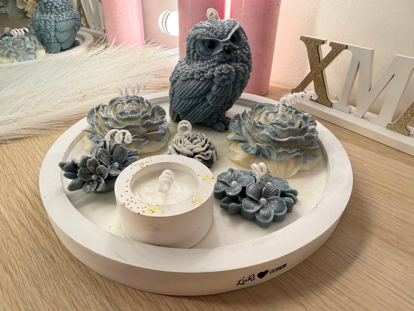 Premium Deko-Tablett „Winter Eule“ – 25 cm | Handmade Arrangement mit Blumen & Personalisierung