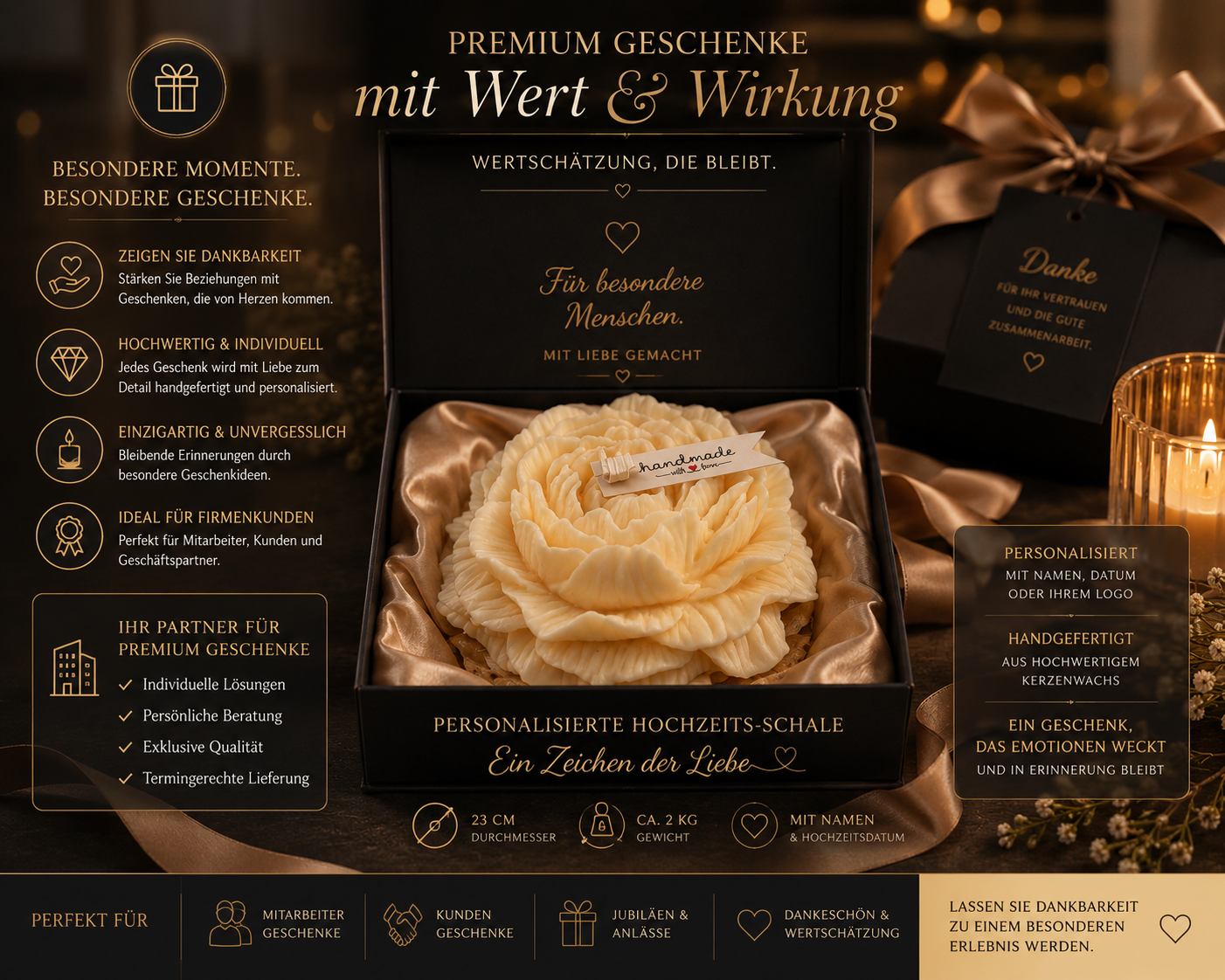 Luxuriöse Geschenkbox mit handgefertigter Blumenkerze, Premium Geschenk für Firmenkunden, Kundengeschenke, Mitarbeitergeschenke und Wertschätzungsgeschenke