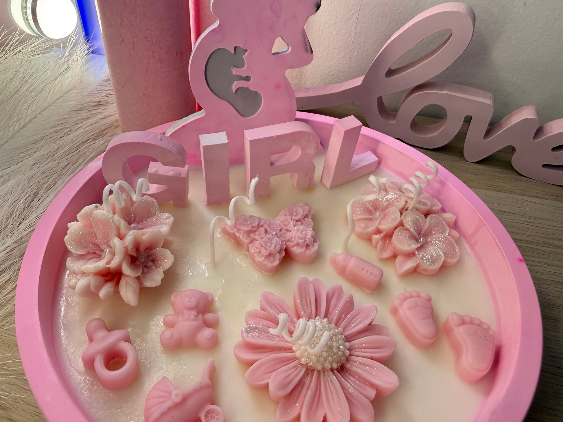 Babyshower Kerzenschale auch als Boy Version und in Wunschfarbe erhältlich, Geschenkverpackung inklusive