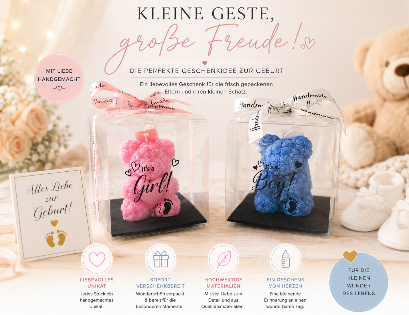Baby Party Gastgeschenk – Teddy Kerze mit personalisiertem Sticker
