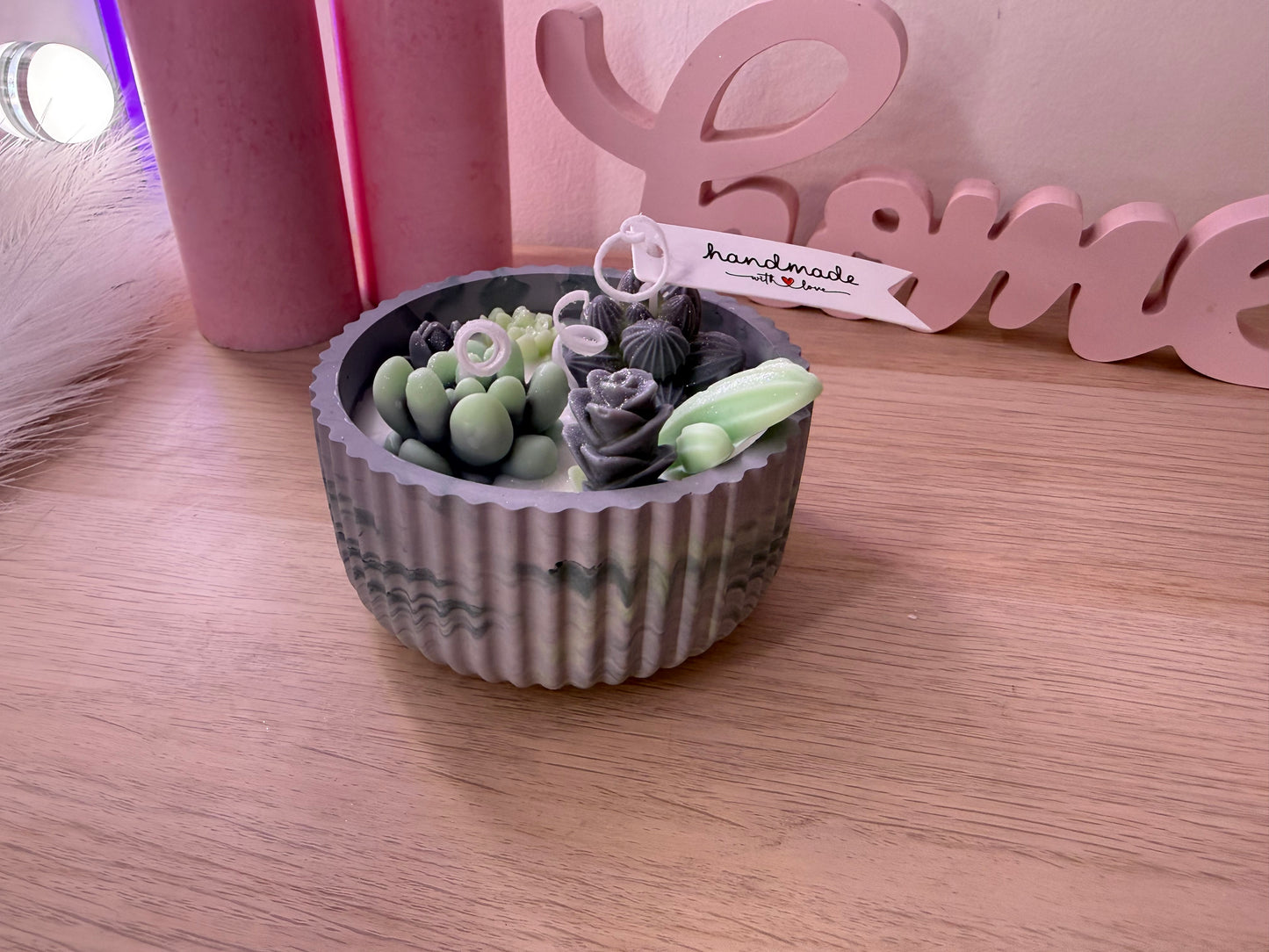 Sukkulenten-Kerzenschale – handgemacht aus Sojawachs | mit Farbwunsch | Geschenkidee