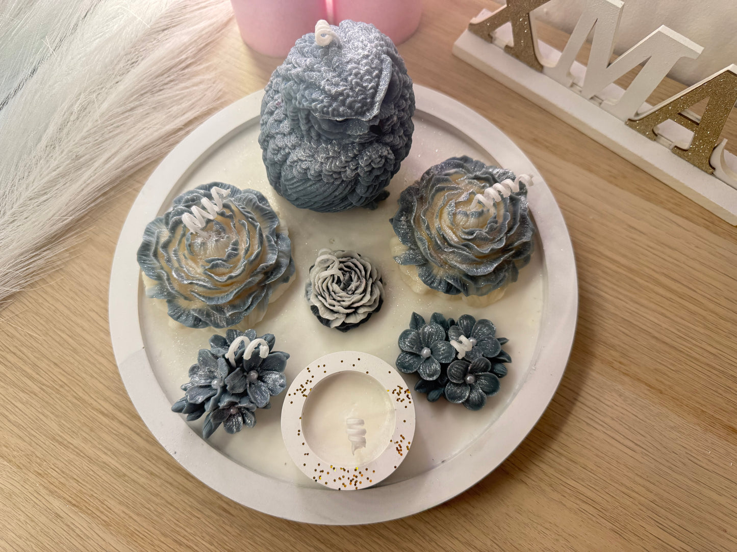 Premium Deko-Tablett „Winter Eule“ – 25 cm | Handmade Arrangement mit Blumen & Personalisierung