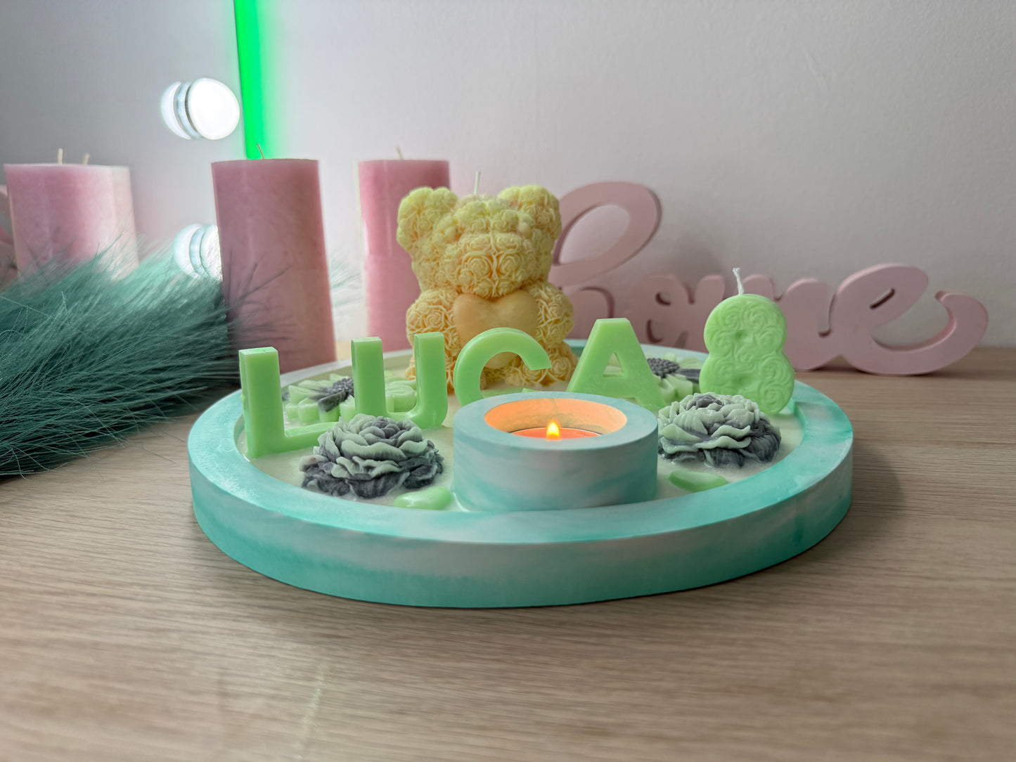 Personalisierte Geschenk-Schale mit Bärchenkerze – Name in 3D, handgemacht Geburtstag – handgemacht, personalisierbar, hochwertige Deko