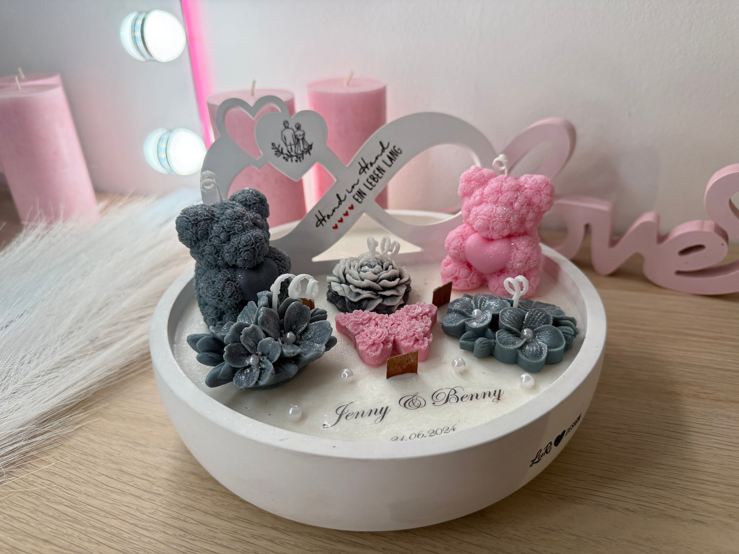 Personalisierte Luxus Deko-Schale „Rosa & Grau“ – 22 cm XXL | Handmade Geschenk mit Namen & Datum