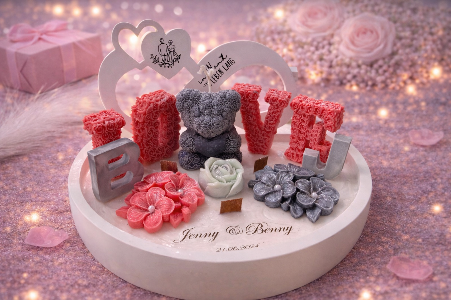 Personalisierte Hochzeitskerze mit Namen Jenny und Benny und LOVE Schriftzug, romantisches Kerzenset als Geschenk zur Hochzeit