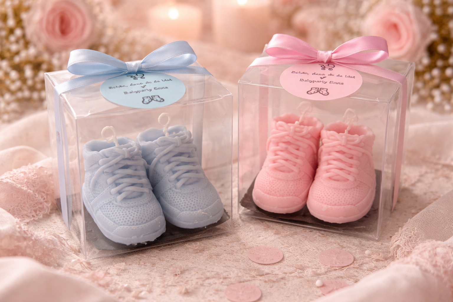 Baby Sneaker Kerzen in Geschenkbox – personalisiertes Geschenk zur Geburt, Taufe oder Babyshower in Rosa und Blau