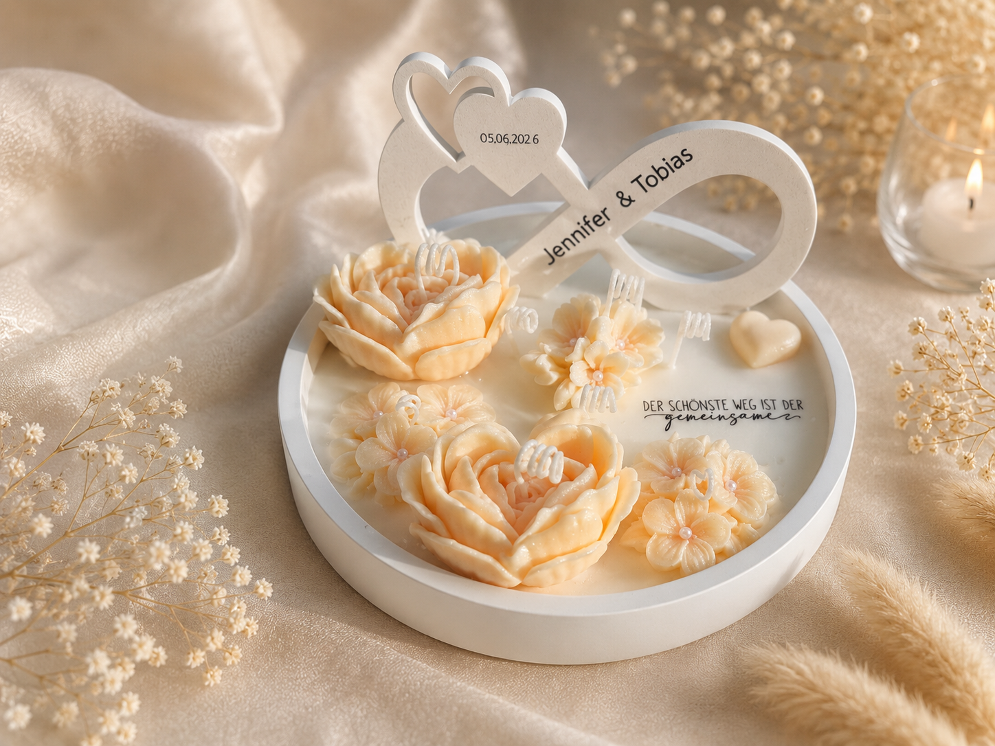 Personalisierte Hochzeitsdekoration mit handgefertigten Blumenkerzen, Namen und Hochzeitsdatum, elegantes Geschenk für Brautpaar