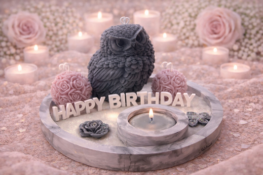 Handgemachtes Kerzen Geschenkset mit Eulenkerze und „Happy Birthday“ Schriftzug auf Tablett – romantische Geschenkidee für Geburtstag mit Deko Kerzen in edlem Design