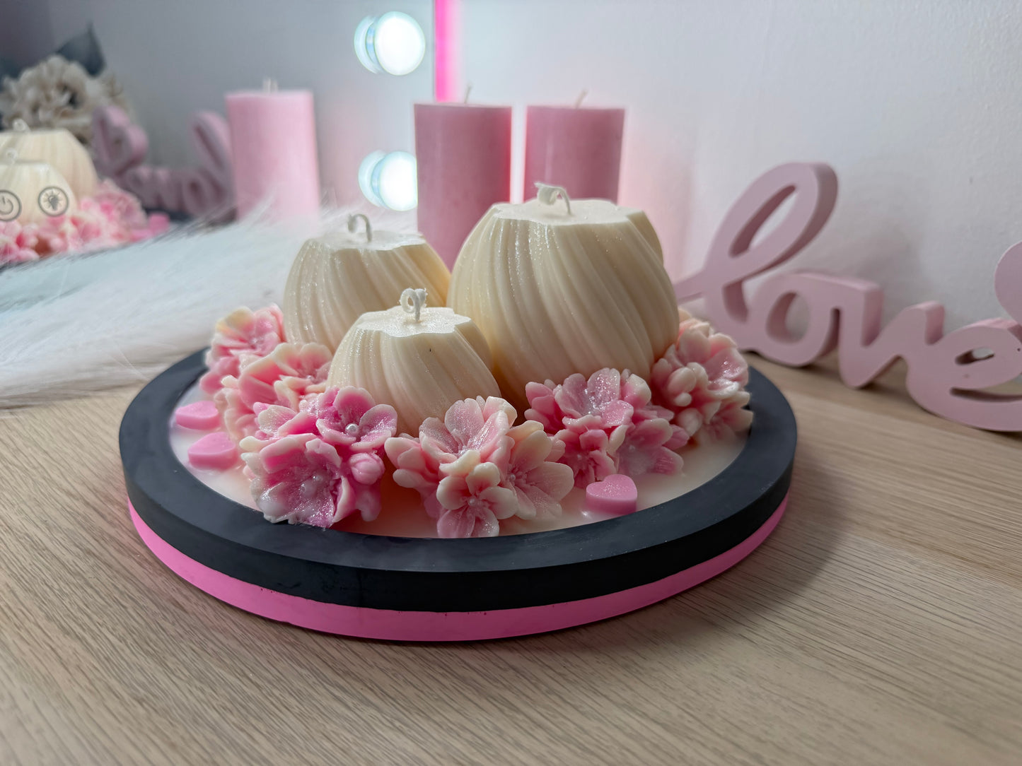 Luxus-Deko-Schale XXL mit 3 Kerzen & Blüten – Handgegossen | Geschenk zur Hochzeit, Liebe, Geburtstag | Optional personalisiert