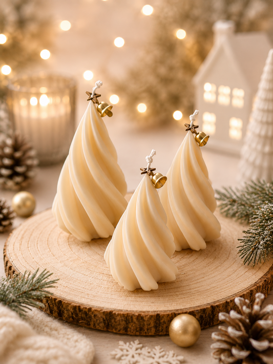 Handgefertigtes 3er Set Weihnachtsbaum-Kerzen aus Wachs mit Sternchen und goldenen Glöckchen auf weihnachtlicher Holzdekoration