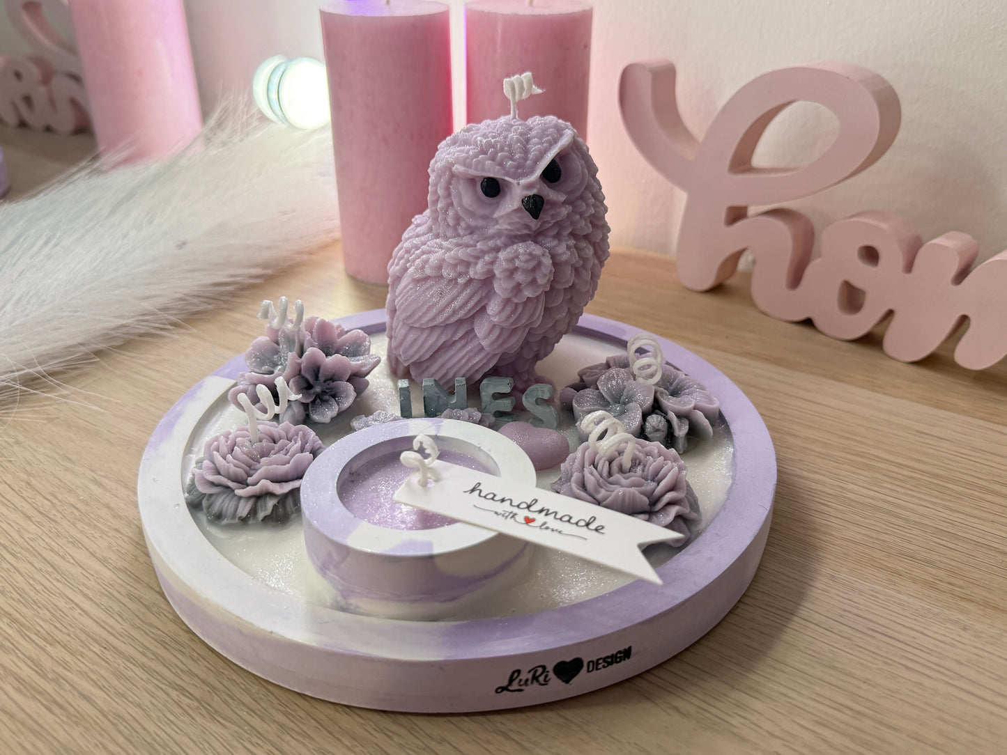 Romantisches Kerzen Tablett personalisiert mit Name Ines Deko Geschenk handmade mit Liebe