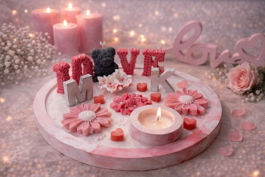 Personalisierte Kerzen Deko mit LOVE Schriftzug und Initialen „MK“ auf rundem Tablett, handgemachtes romantisches Geschenk mit Blumenkerzen und Herzdetails für Hochzeit, Jahrestag oder Valentinstag