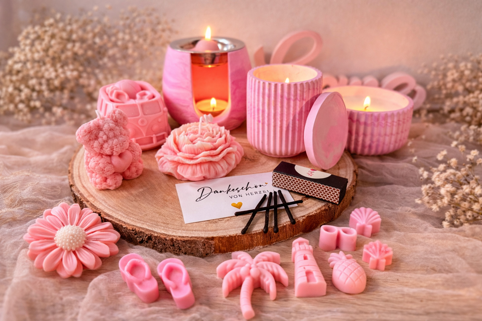 Romantisches Kerzen Geschenkset in Rosa mit Duftkerzen, Wax Melts und dekorativen Figuren auf Holztablett im gemütlichen Lifestyle Stil