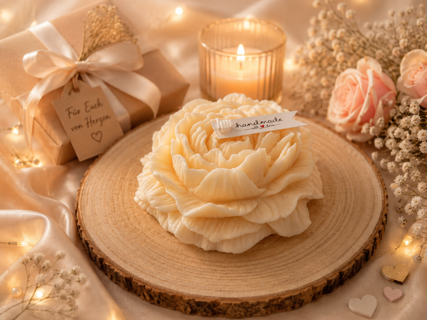 Personalisierte Hochzeitskerze in Schale mit Namen und Datum als exklusives Hochzeitsgeschenk für Brautpaare, handgefertigte Kerzendekoration aus Kerzenwachs