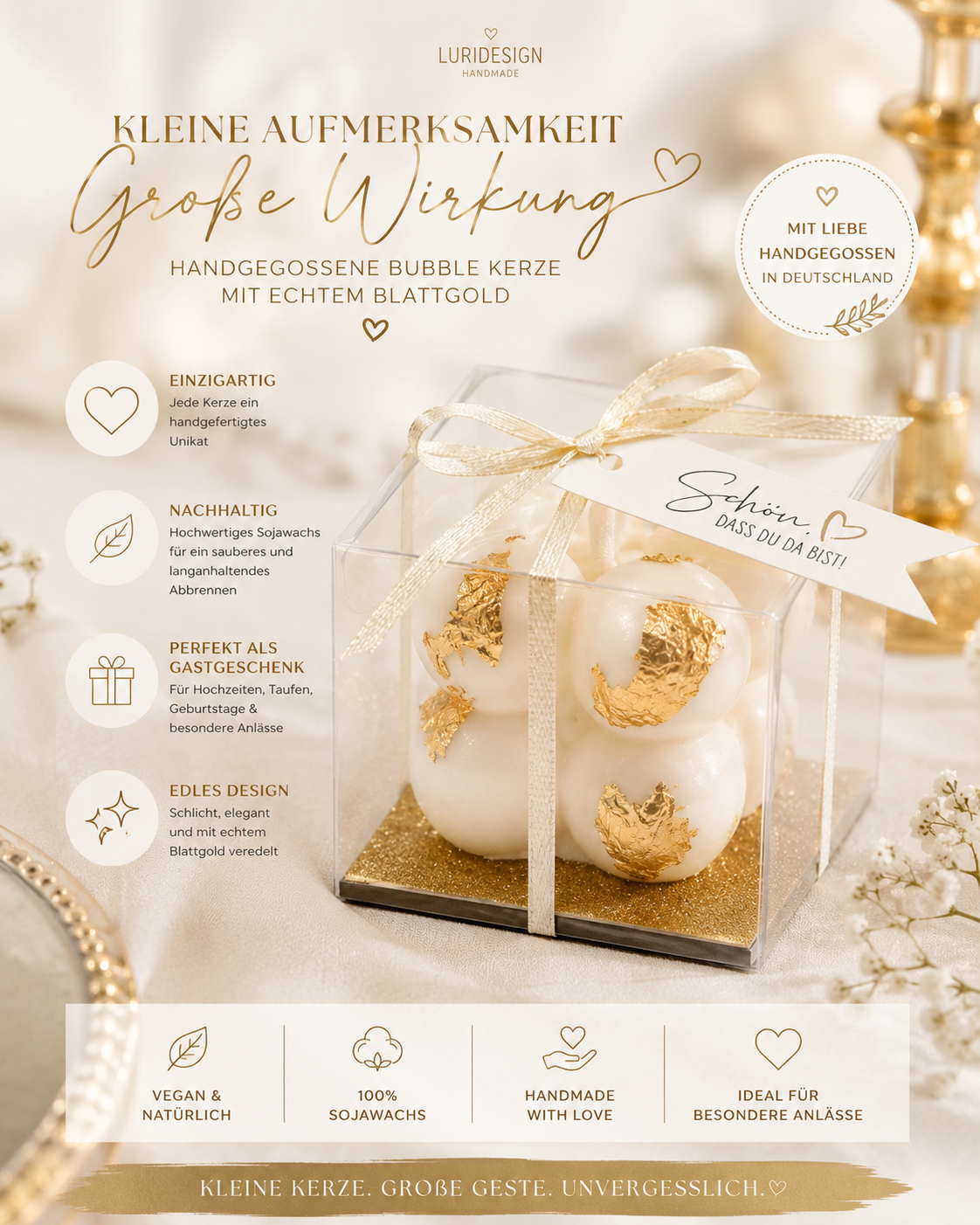 Weiße Bubble Candle mit Blattgold, Satinband und Anhänger „Schön, dass du da bist!“ in transparenter Geschenkverpackung als hochwertiges Gastgeschenk.