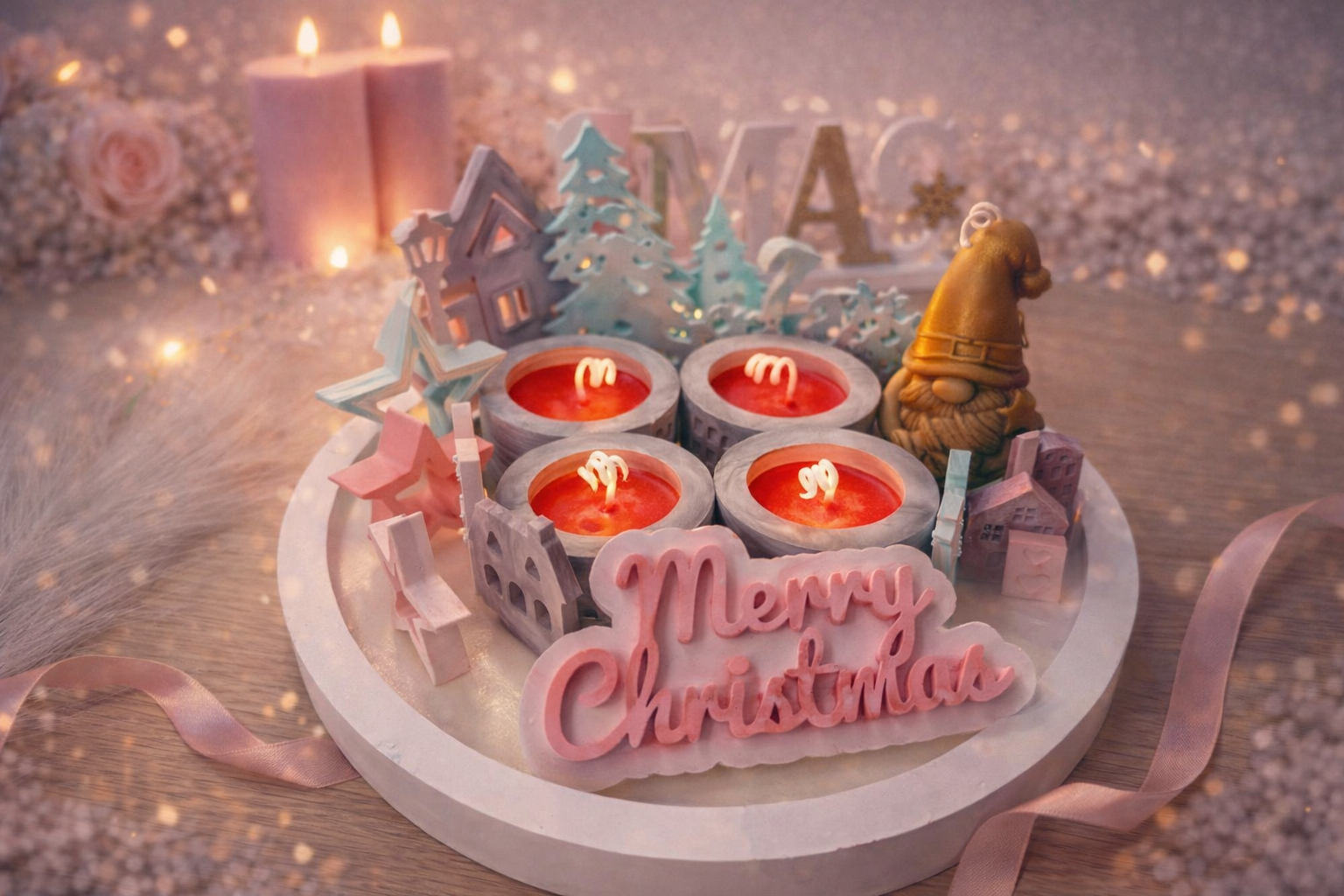Festliche Kerzenschale mit Winterdorf, Teelichtern und Weihnachtsdeko – handgemachtes Geschenk für Weihnachten