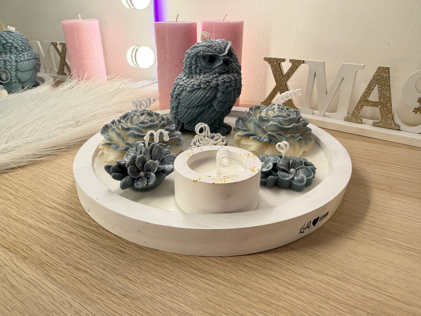 Premium Deko-Tablett „Winter Eule“ – 25 cm | Handmade Arrangement mit Blumen & Personalisierung