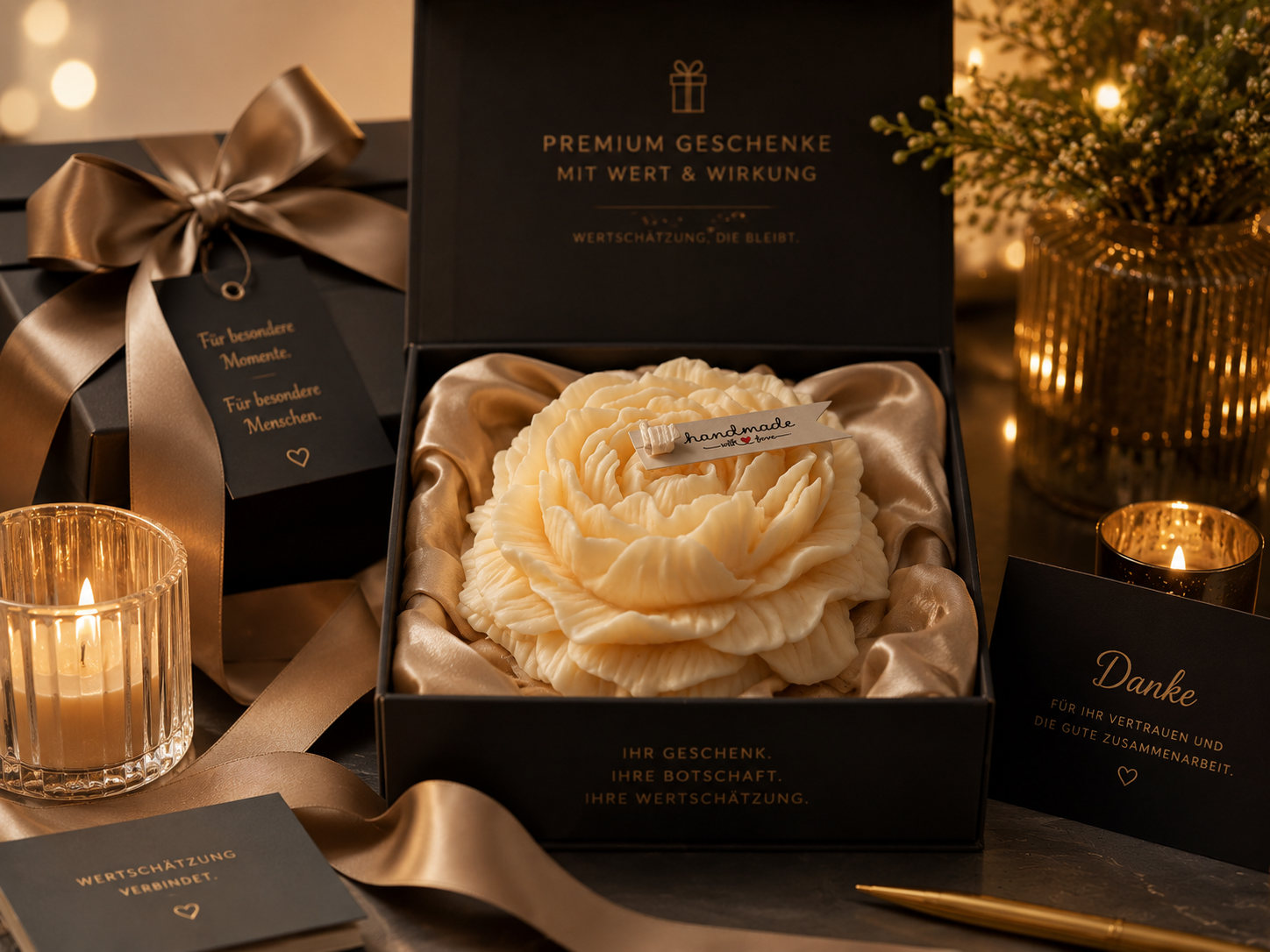 Exklusives Firmengeschenk und Kundengeschenk aus hochwertigem Kerzenwachs, personalisierte Geschenkidee für Mitarbeiter, Geschäftspartner und besondere Anlässe