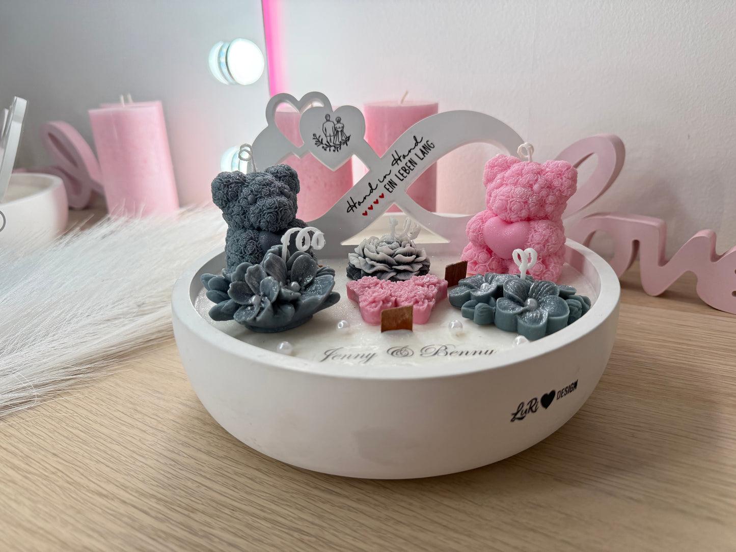 Personalisierte Luxus Deko-Schale „Rosa & Grau“ – 22 cm XXL | Handmade Geschenk mit Namen & Datum