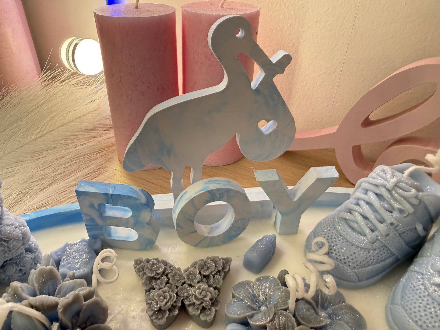 Große Babyshower Kerzenschale auch als Girl Version erhältlich, Wunschfarbe möglich