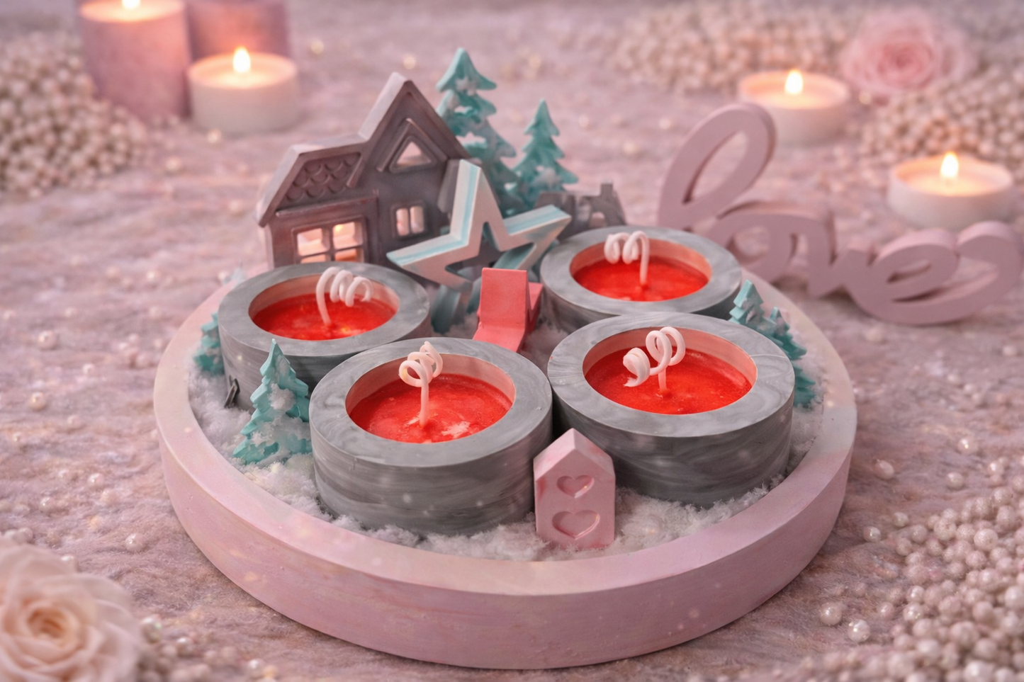 Handgemachte Weihnachtsdeko mit Kerzen – festliche Adventsschale aus Gießkeramik – personalisierbare Winterdekoration