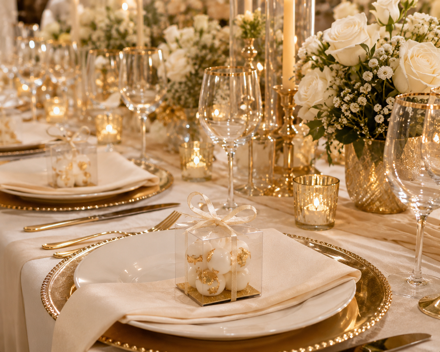 Exklusive handgefertigte Sojawachs-Bubble-Kerze mit Blattgold in transparenter Box – ideales Gastgeschenk für Hochzeit, Kommunion, Konfirmation, Babyparty und Firmenfeier.