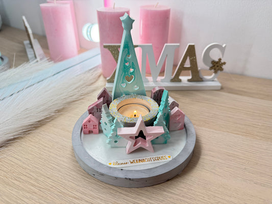 Handgemachte Weihnachtsdeko mit Kerze – festliche Gipsdekoration in zarten Farben – personalisierbare Winterdekoration – handgemacht, personalisierbar, hochwertige Deko