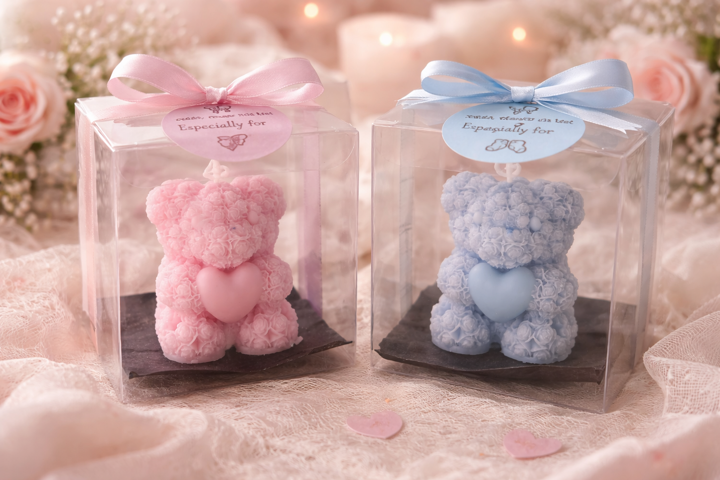 Romantische handgemachte Bären-Kerzen in Geschenkbox mit Herz – personalisiertes Geschenk für Hochzeit, Babyshower oder Valentinstag