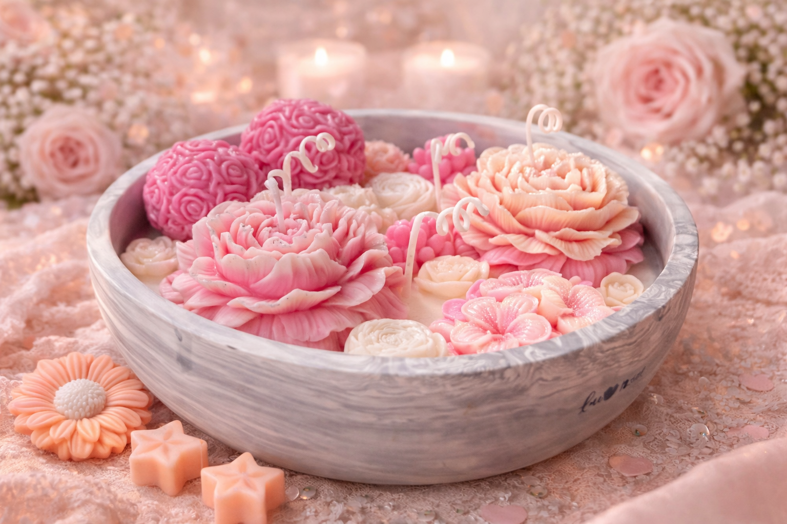 Romantisches Kerzen Arrangement in Schale mit handgegossenen Blumenkerzen in Rosa und Weiß – dekoratives Geschenkset für Hochzeit, Valentinstag oder besondere Anlässe