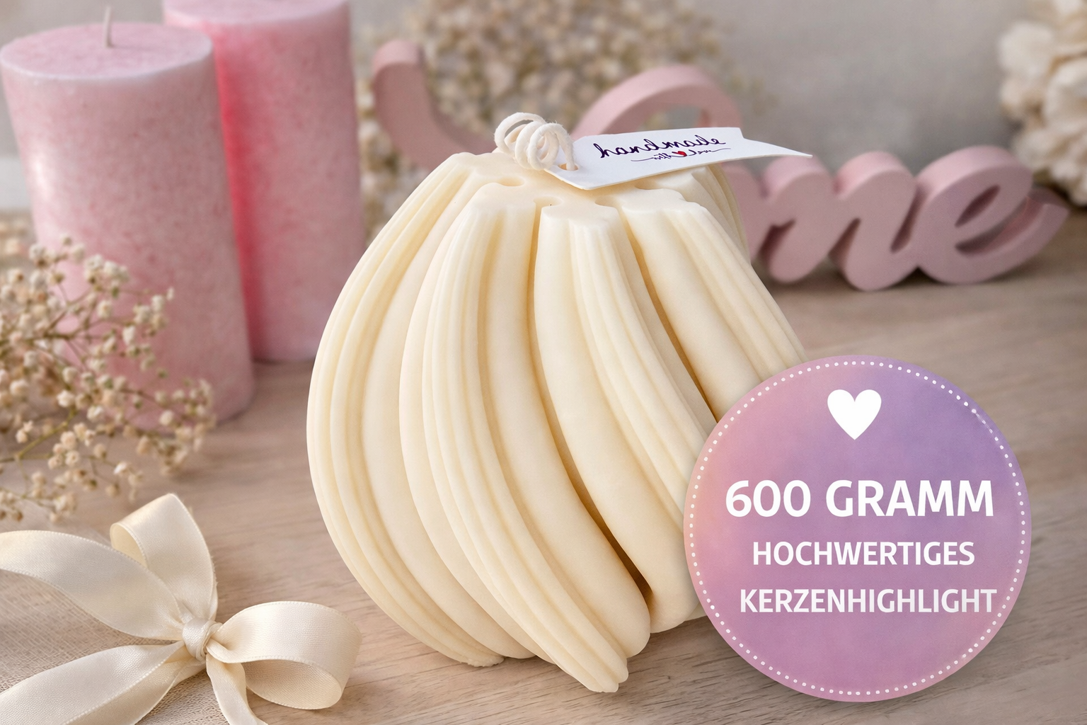Große 600g Designkerze in Swirl Form – handgefertigte Kerze als Geschenkidee im romantischen Lifestyle Stil mit zarter Deko
