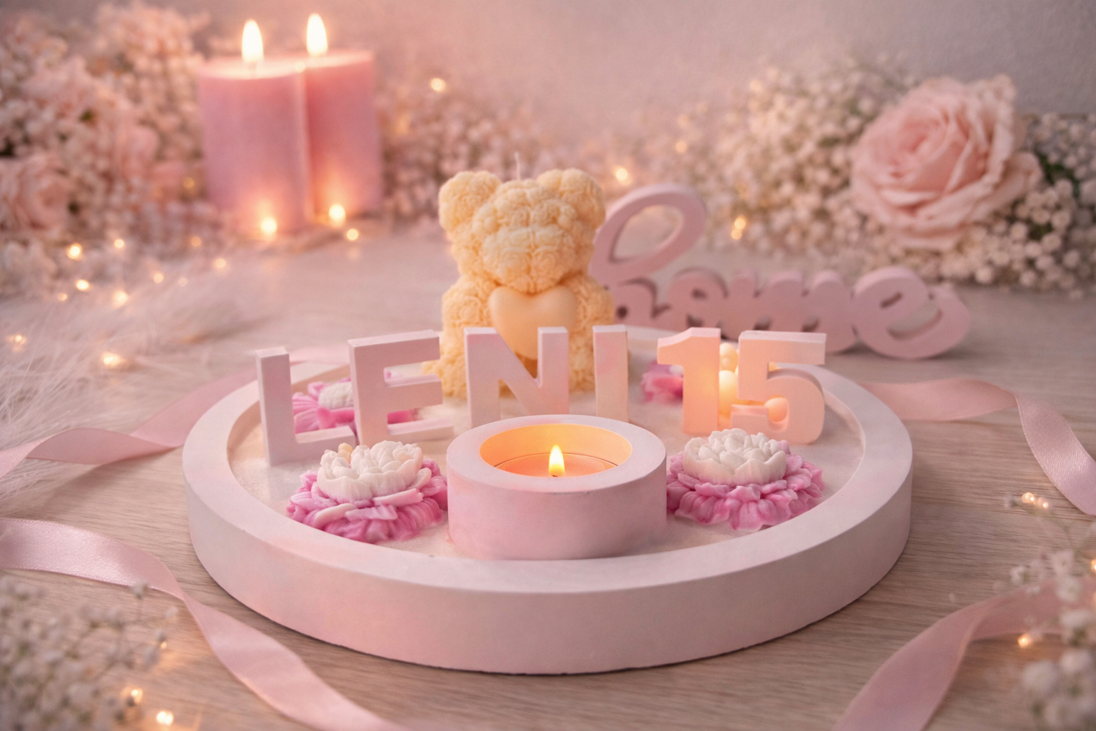 Handgemachtes Kerzen Geschenk für 15. Geburtstag mit Name Leni – stilvolle Deko mit Blütenkerzen und sanftem Licht