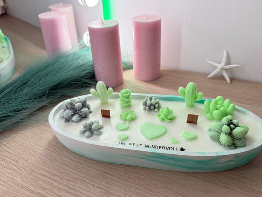 Ovale Sukkulenten-Kerzenschale in Meeresoptik – Handmade aus Gips & Sojawachs