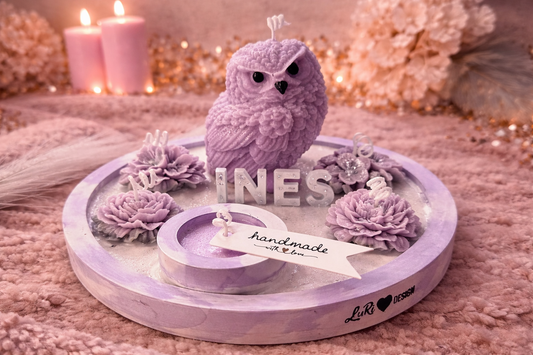 Handgemachtes Kerzen Set mit Eule und Name Ines individuelles Geschenk für Frauen