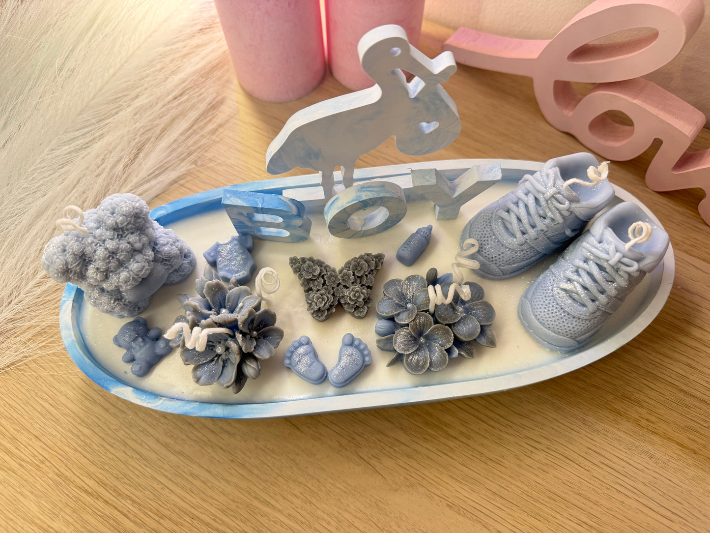 Große Babyshower Kerzenschale 28 cm – Teddy & Babyschuhe | personalisiertes Geschenk