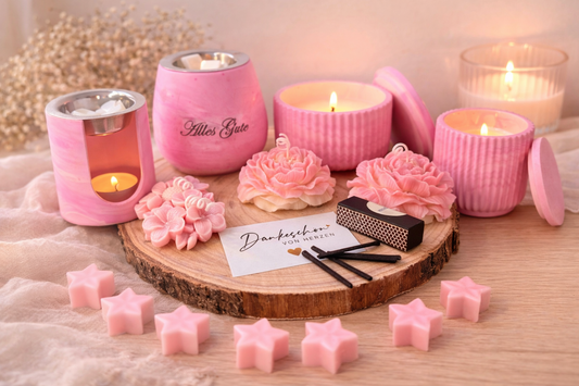 Handgemachte Geschenkbox für Mitarbeiter und Kunden mit Duftkerzen und Duftlampe in Rosa