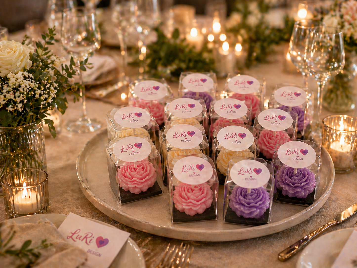 Gastgeschenk Kerze mit Logo in Box Event Tischdekoration Firmenfeier