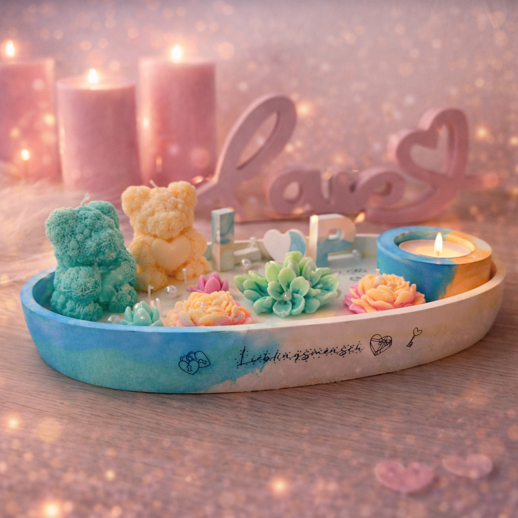 Romantisches Kerzen Geschenkset auf ovalem Tablett mit Bären- und Blumenkerzen sowie Teelicht – personalisierte, handgemachte Deko für Hochzeit, Jahrestag oder Geschenkidee für Paare