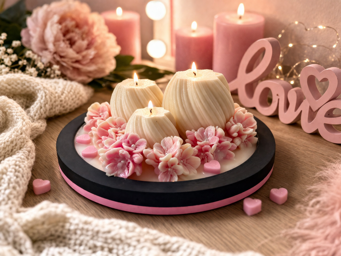 Romantisches Kerzen Geschenkset mit Blütenkerzen und Dekotablett in Rosa und Creme als liebevolle Geschenkidee