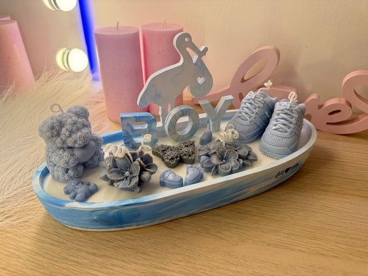 Große Babyshower Kerzenschale 28 cm mit Teddy und Babyschuhen, personalisiertes Geschenk zur Geburt
