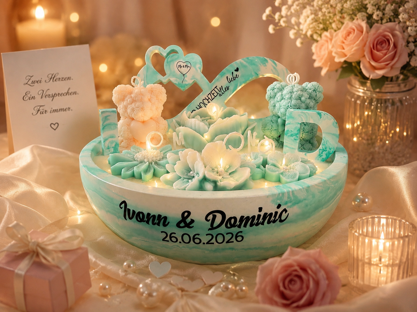 Personalisierte Hochzeitskerze in dekorativer Schale mit Namen, Datum, Blumen und Bären als individuelles Hochzeitsgeschenk für Brautpaar
