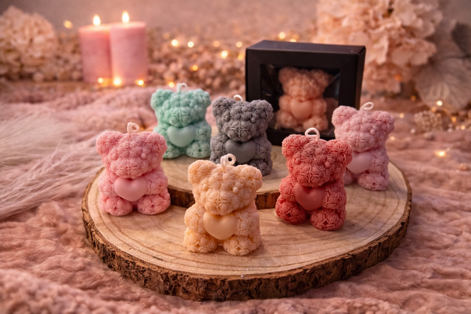 Teddy Kerzen Geschenkset handgemacht mit Herz Motiv besondere Geschenkidee für jeden Anlass