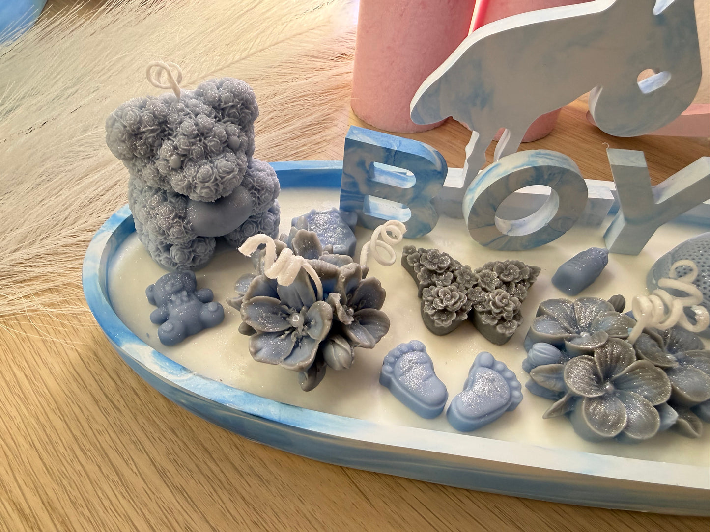 Große Babyshower Kerzenschale 28 cm – Teddy & Babyschuhe | personalisiertes Geschenk