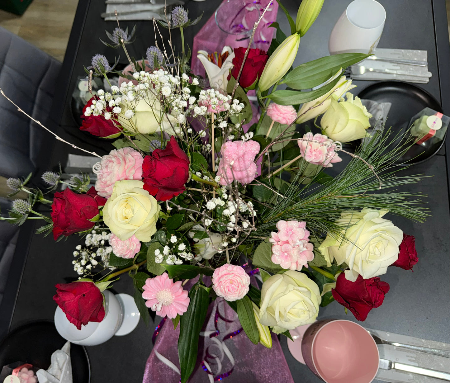 Candle arrangement “Pink Floral Magic” – decoration & gift idea with teddy bear and blossoms (for a real bouquet)