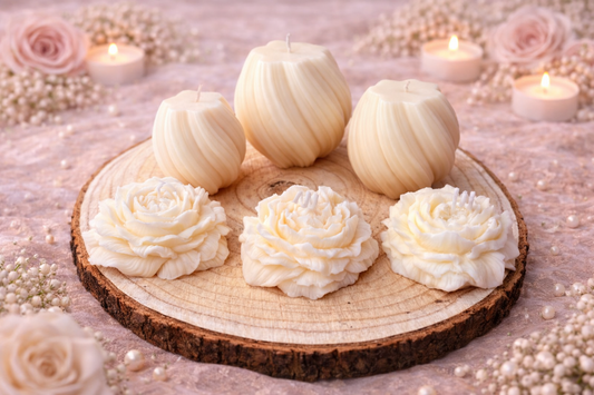Kerzen Geschenk Set – 3 Swirl Kerzen & 3 Pfingstrosen Blüten | Handgemacht
