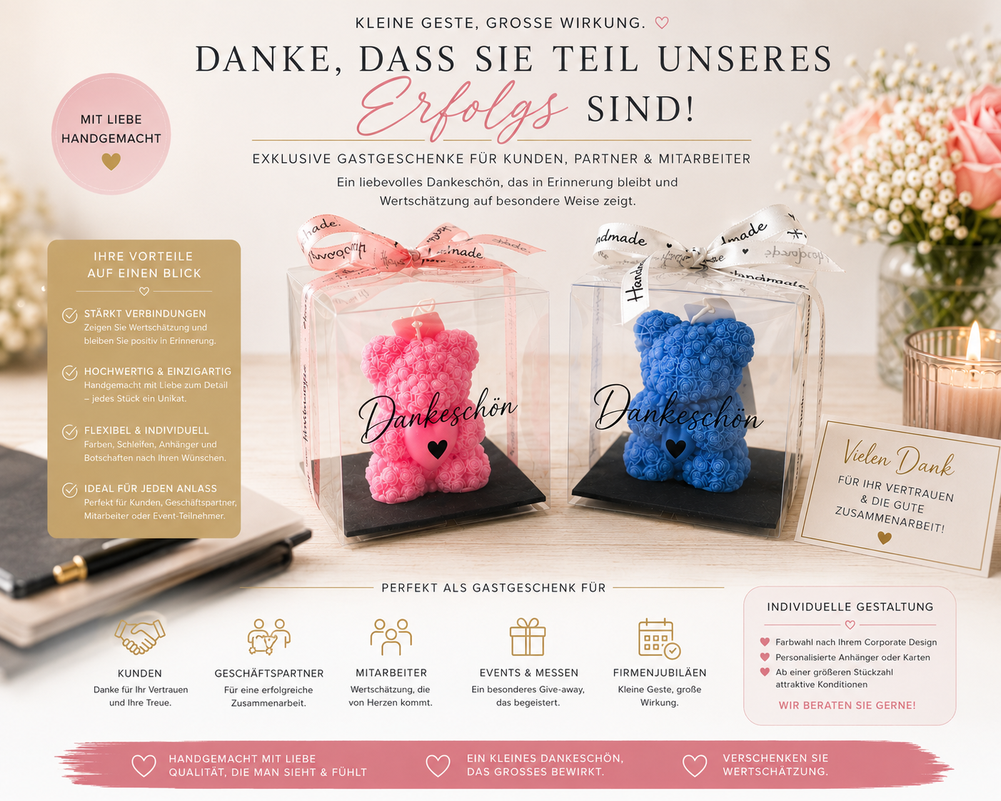 Handgemachte Teddy Kerze mit Logo als Firmengeschenk in Geschenkbox