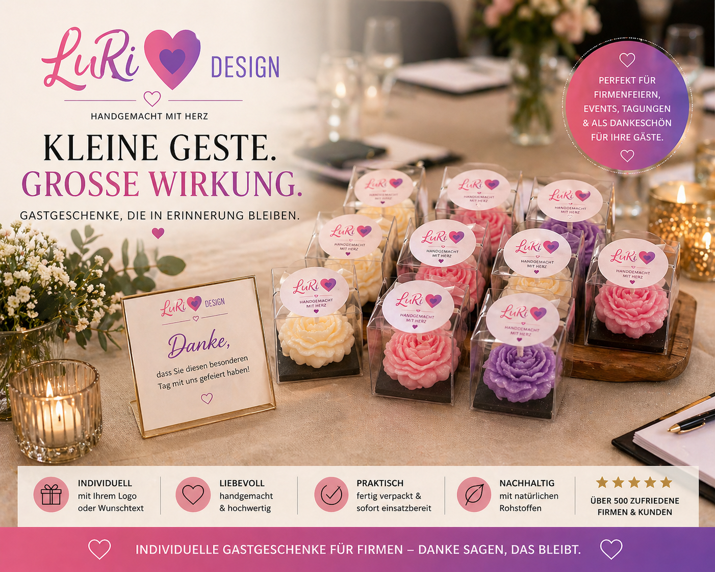 Firmen Gastgeschenke personalisiert Kerzen Tischdeko Kundengeschenk