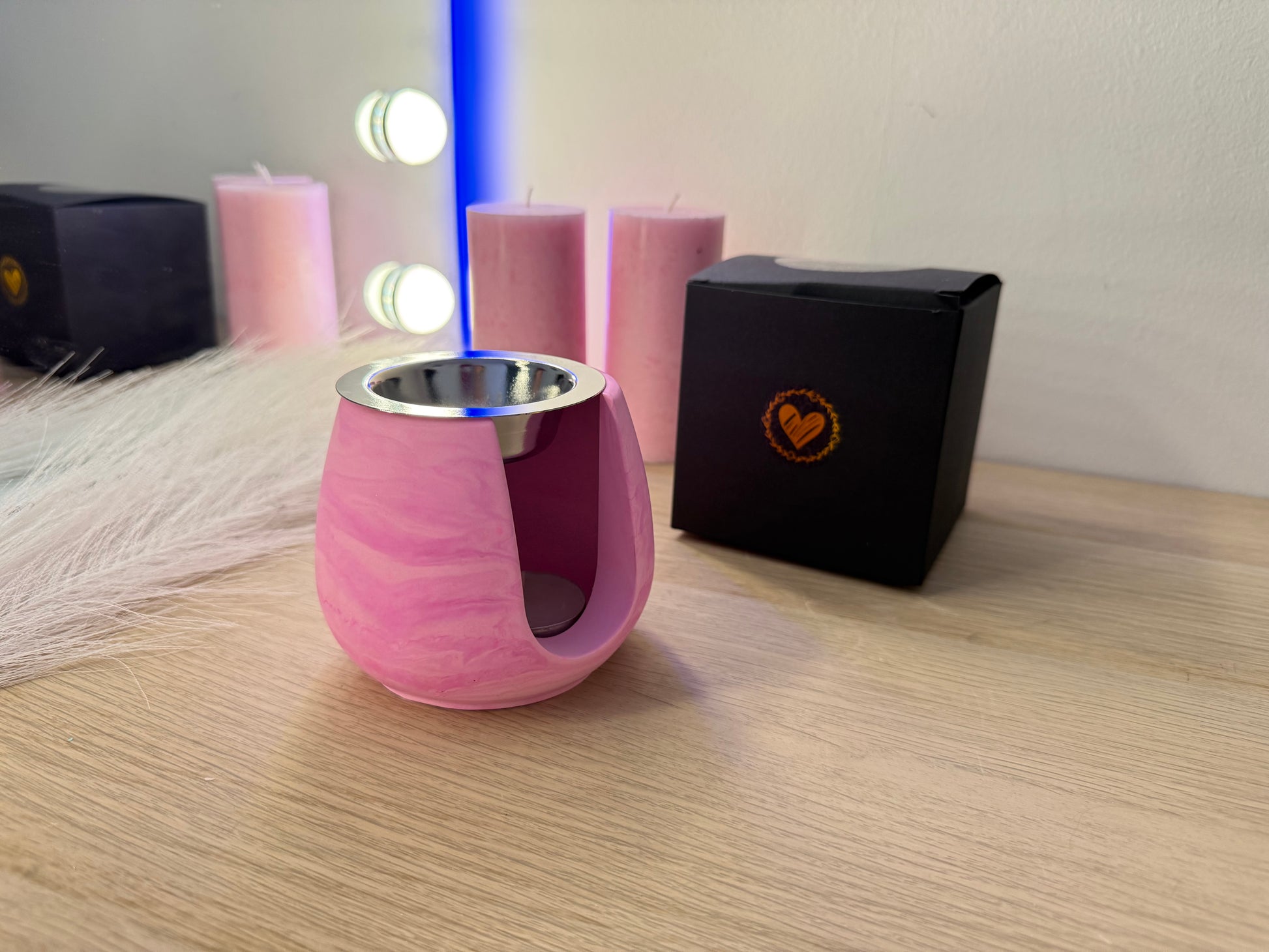 Eleganter Duftlampen Kerzenhalter in Marmoroptik mit Geschenkbox im romantischen Lifestyle Stil