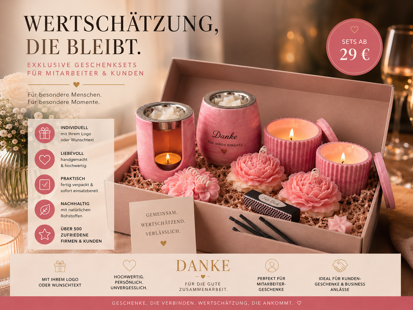 Elegante Geschenkbox für Kunden und Mitarbeiter mit handgefertigten Kerzen und Duftmelts