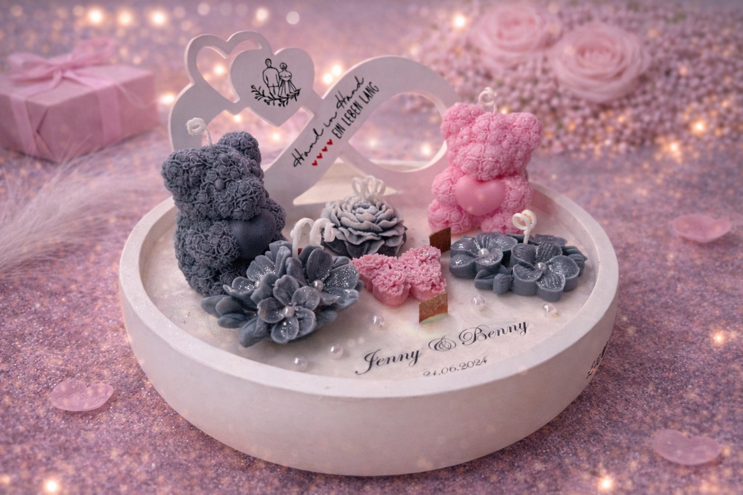 Handgemachtes Kerzenset mit Herzdesign, Rosen und Teddykerzen, individuelle Geschenkidee für Hochzeit, Verlobung oder Jahrestag